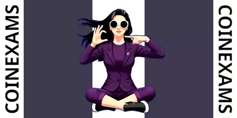 نوا (نماد CoinExams) در حال ژست گرفتن با لوگوی CoinExams با حرف C و خط تیره