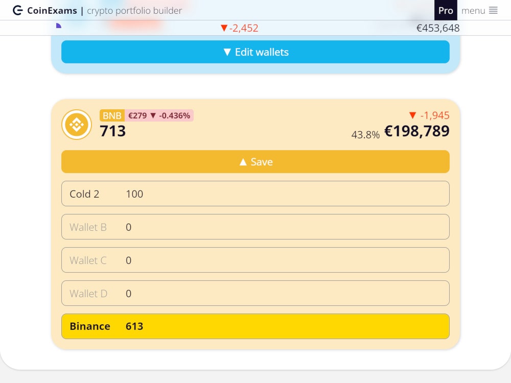 Screenshot of the Crypto Portfolio Builder showing coin card with cold storage