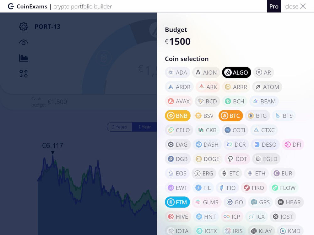 Screenshot of the Crypto Portfolio Builder showing the list of some of supported coins