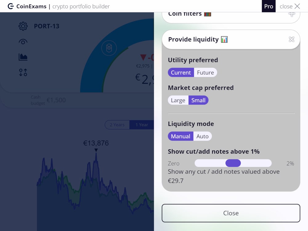 Screenshot of the Crypto Portfolio Builder showing settings for providing liquidity